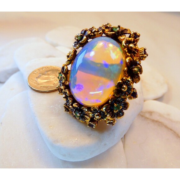 HUGE 26CT Ethiopian Welo Opal Emeralds- Blue Sapphires Sterling Silver Ring - Picture 8 of 11